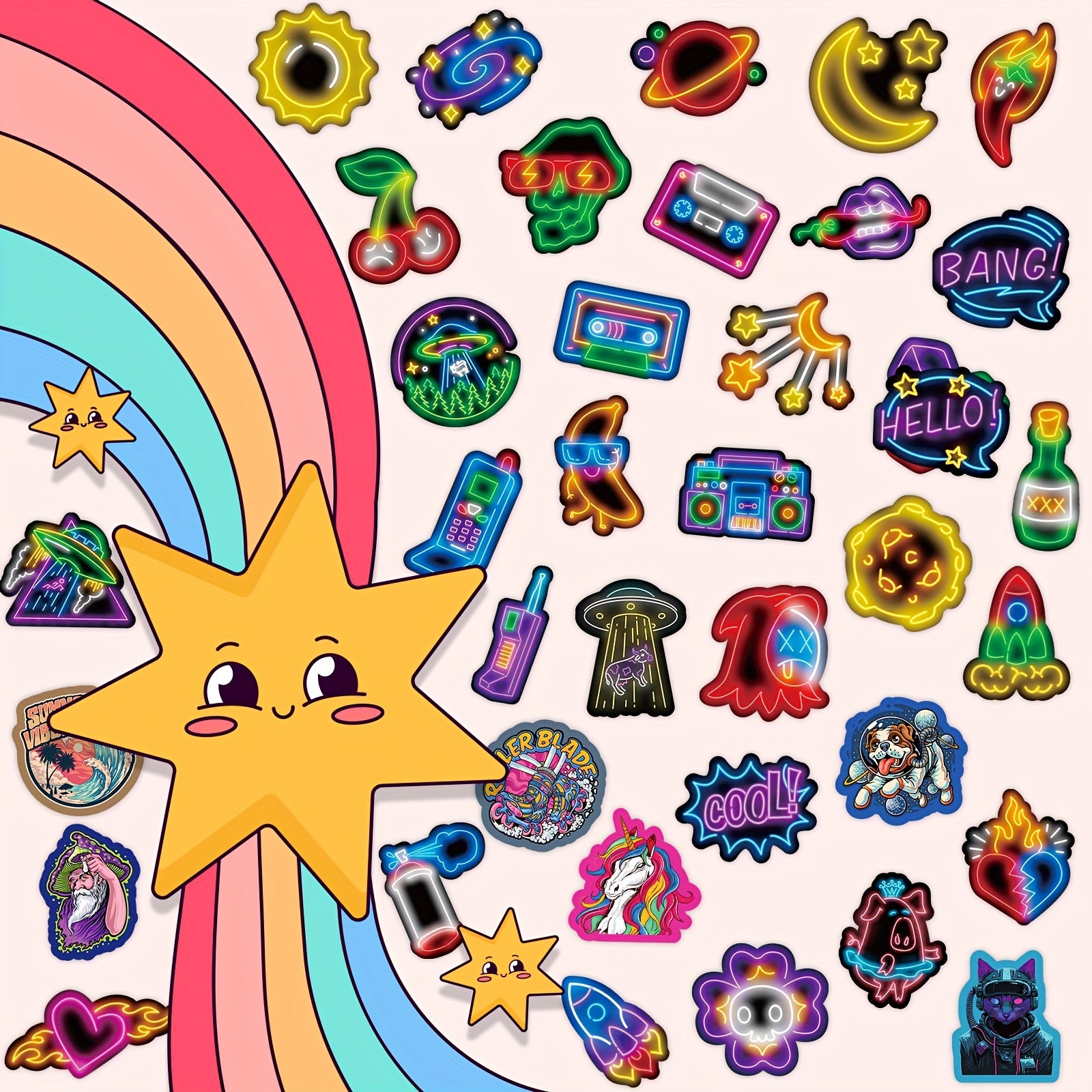 200 Pegatinas Neón Diseños Coloridos Retro