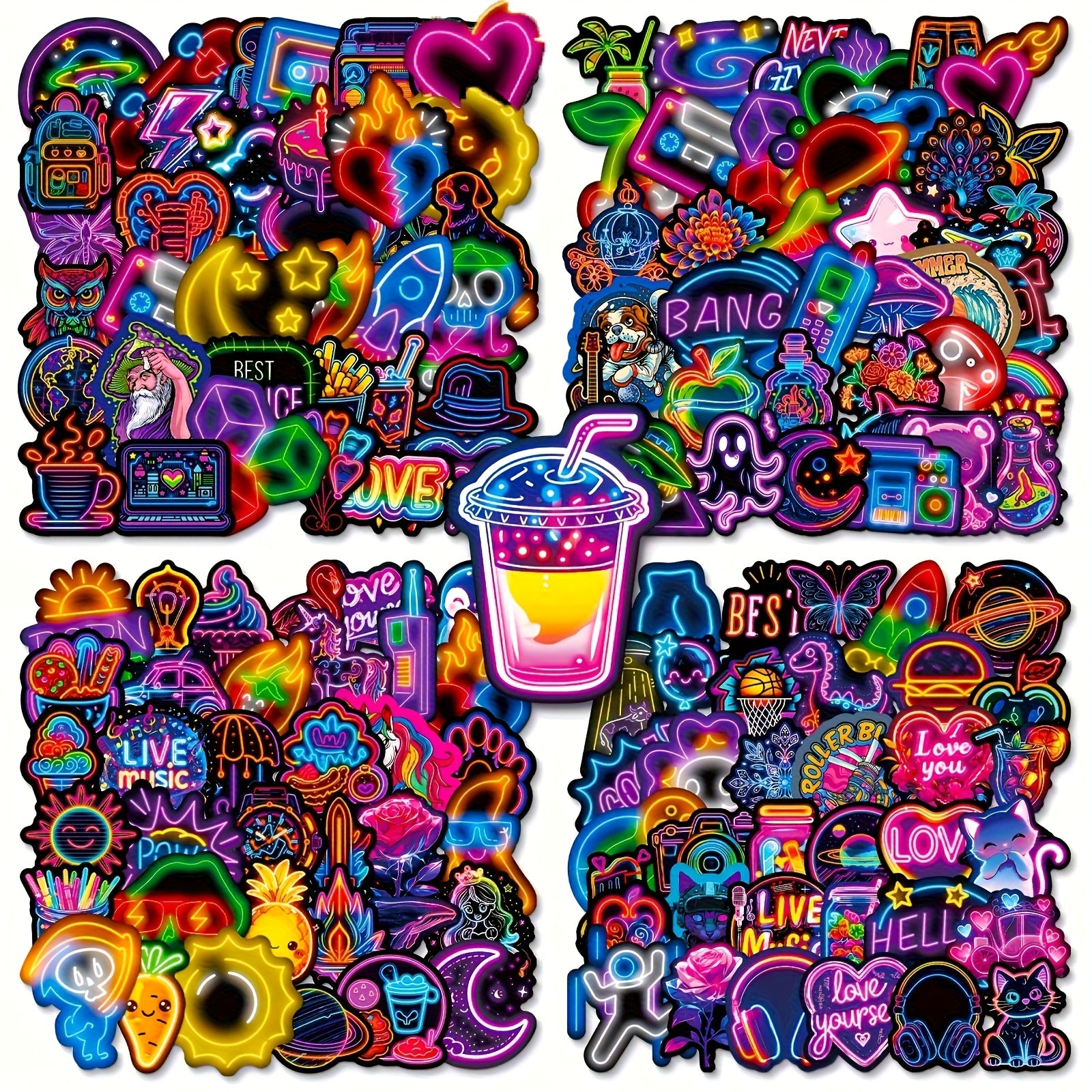 200 Pegatinas Neón Diseños Coloridos Retro