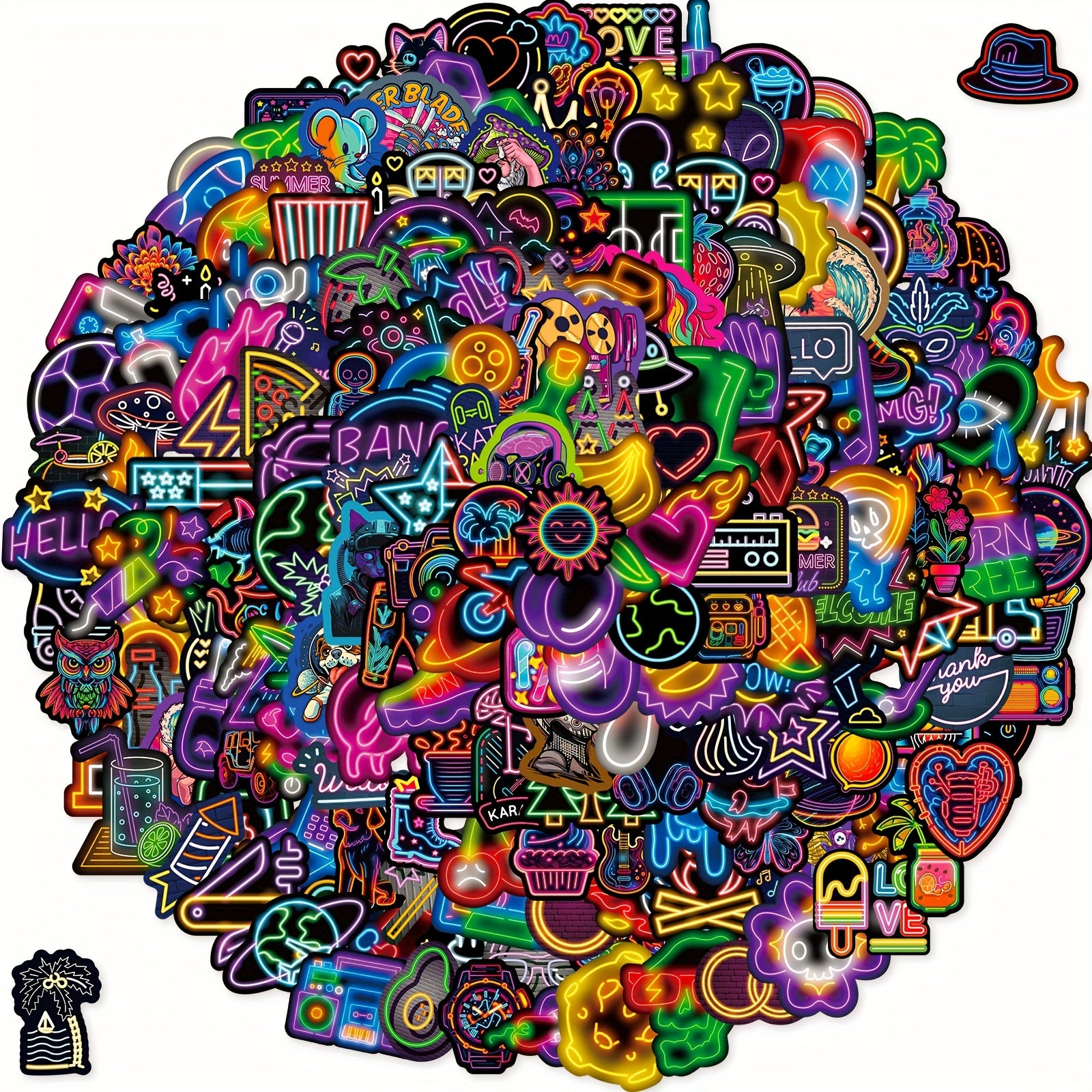 200 Pegatinas Neón Diseños Coloridos Retro