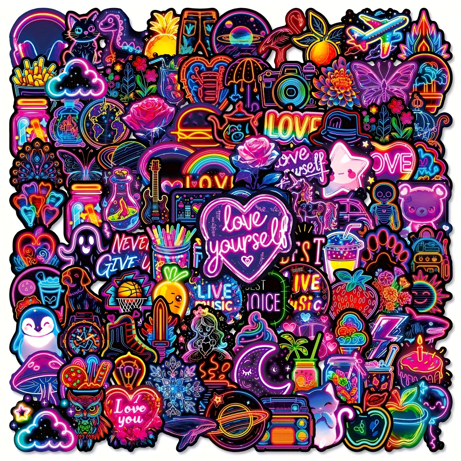 200 Pegatinas Neón Diseños Coloridos Retro