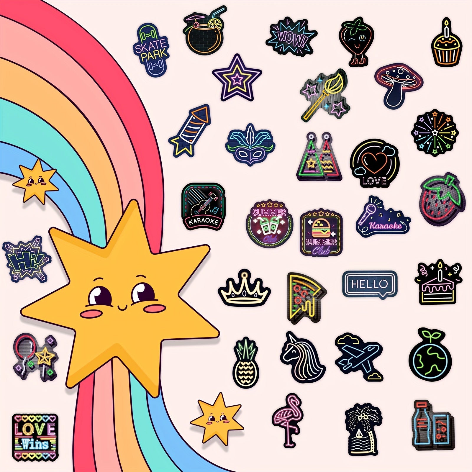200 Pegatinas Neón Diseños Coloridos Retro